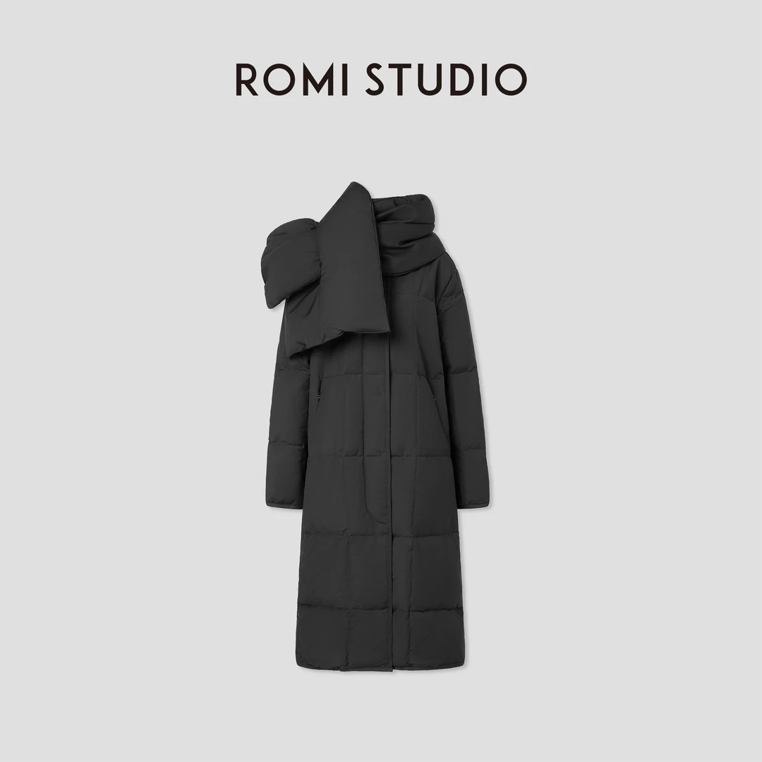 ROMISTUDIO高充绒量白鹅绒冬季中长款带围脖休闲时尚羽绒服W2294