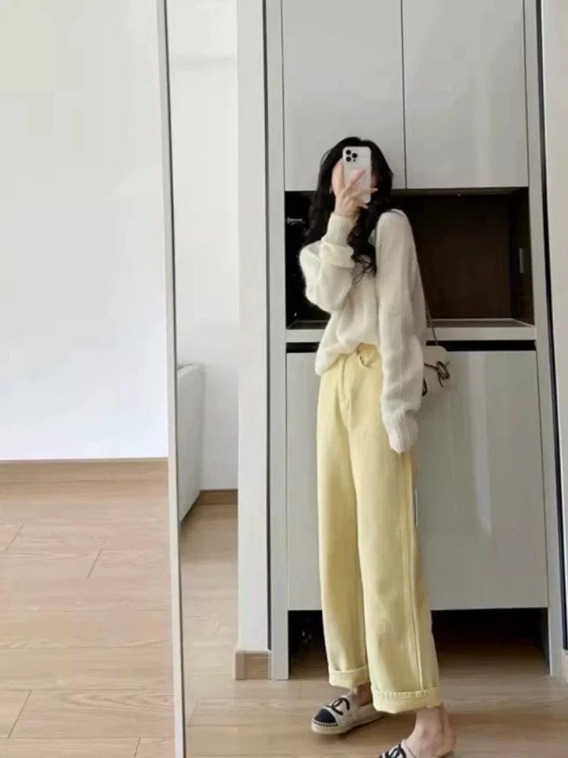 韩系柠檬黄高腰休闲直筒牛仔裤女2025新款#93008