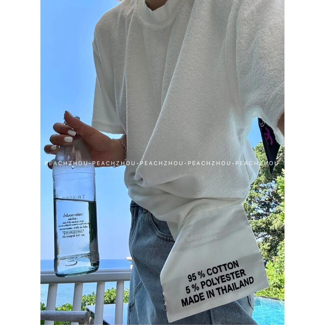 『PEACHZHOU』超大洗水唛毛巾纯色宽松圆领短袖休闲小众设计感T恤女