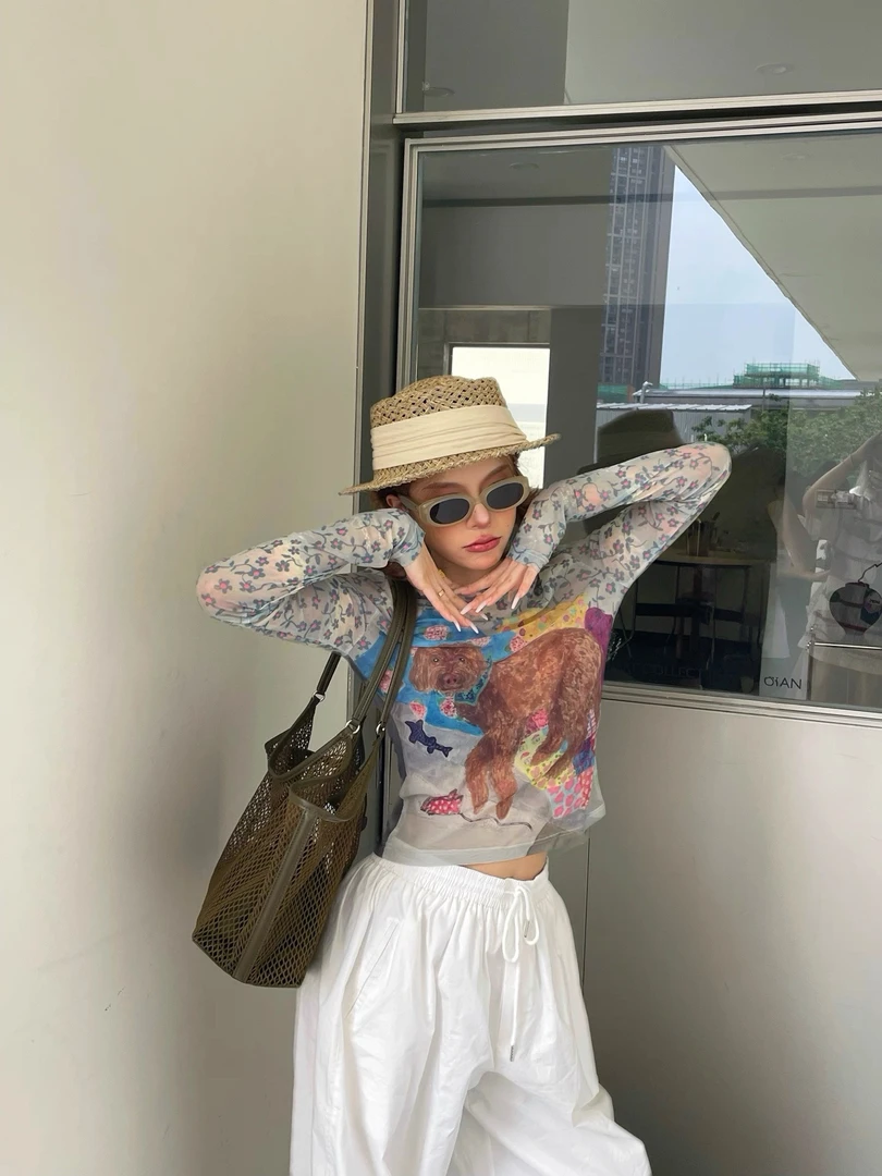 时髦小众 抽象涂鸦小狗印花网纱T恤女夏季薄款弹力防晒衫百搭上衣