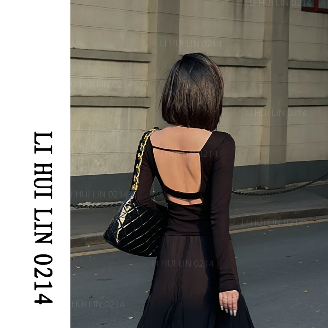 LIHUILIN/纯欲露背小心机性感镂空长袖T恤