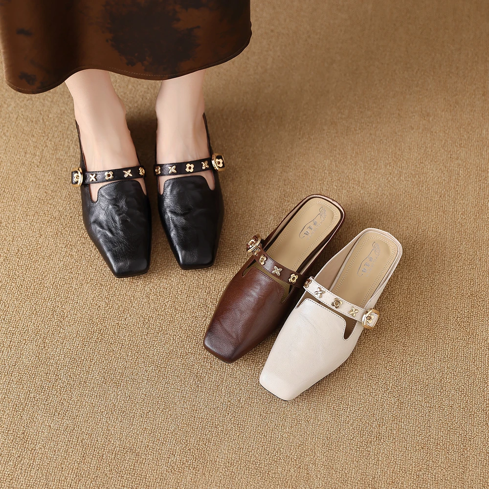 1952-10夏季新款真皮包头外穿拖鞋粗跟中跟时尚气质舒适百搭半拖