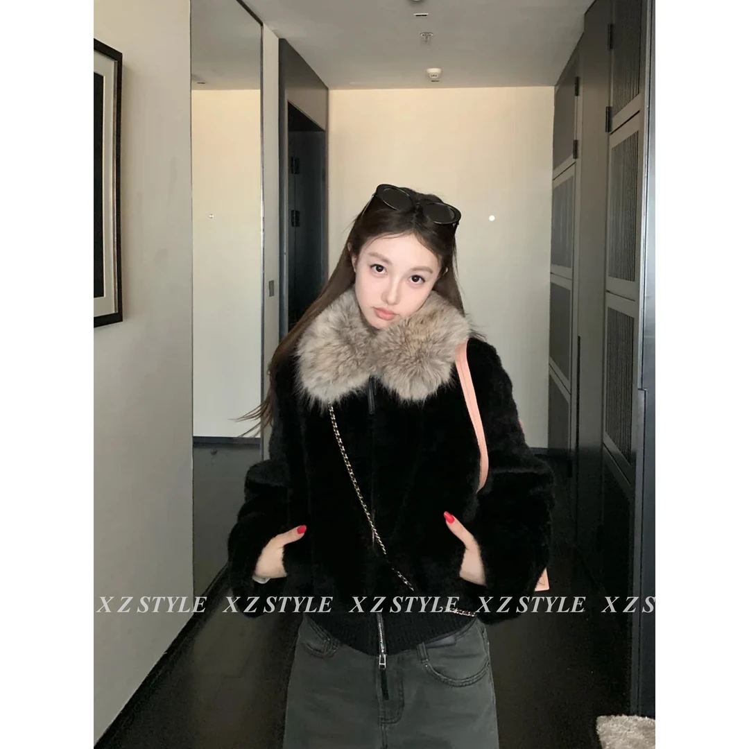 【暖冬咩咩】复古黑色毛毛翻领羊羔毛外套美式休闲开衫慵懒长袖上衣