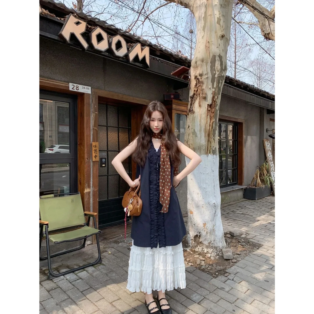 时尚套装裙韩系无袖木耳边背心连衣裙叠穿半身裙女夏两件套度假风