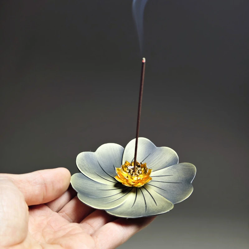 合金莲花香插香托盘香架线香檀香沉香家用香炉香薰卧香座室内熏XY