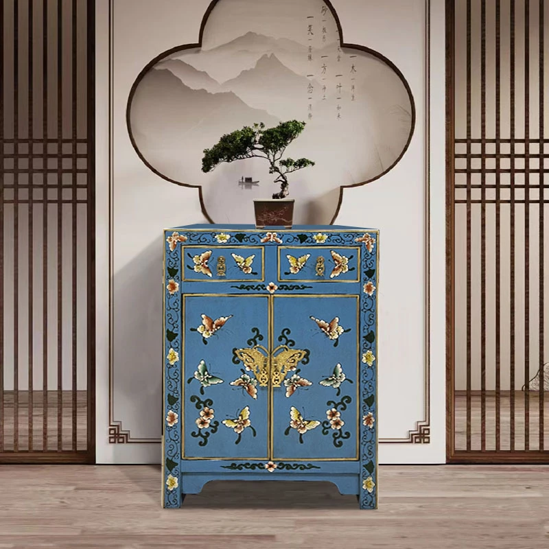 新中式二屉二门蝴蝶柜复古风手工彩绘角柜储物柜60*37*85CM