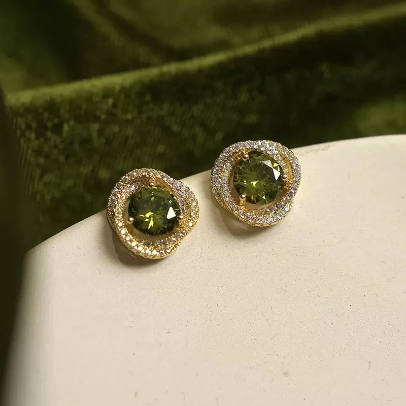 925银耳饰 银针复古绿色耳环