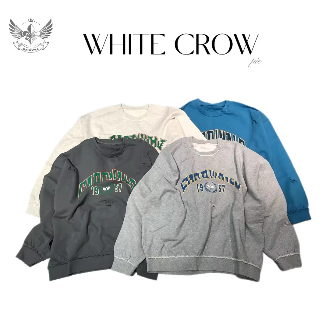 白乌鸦【字母卷边】破洞卫衣宽松时尚情侣设计师款7209