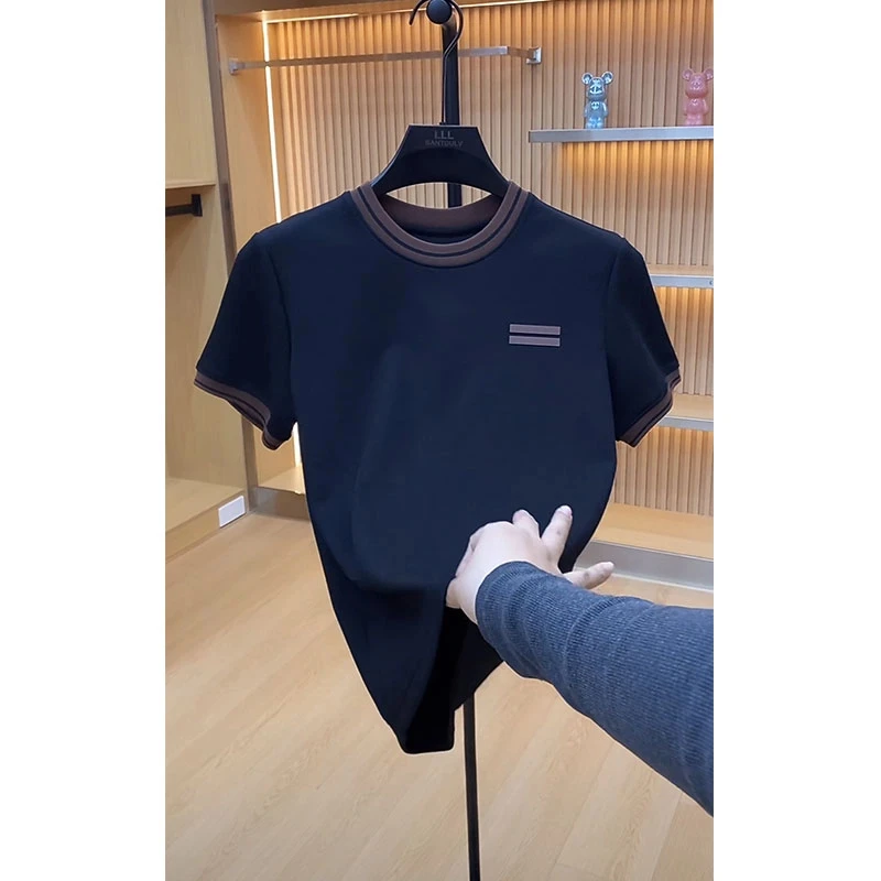 欧洲站轻奢高定设计感撞色短袖T恤2025夏季新款休闲百搭男士上衣