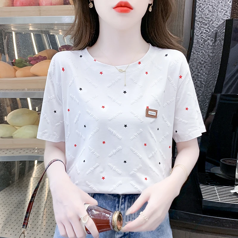 正肩短袖t恤女夏季穿搭潮牌宽松显瘦印花半袖圆领体恤韩版上衣服
