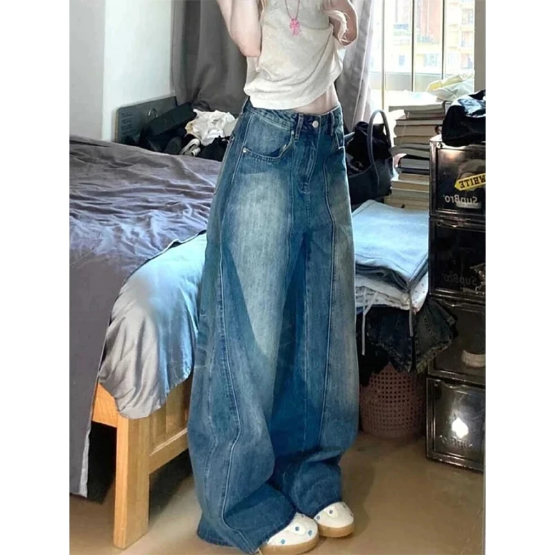 美式复古水洗解构感弯刀牛仔裤女冬季高腰显瘦宽松垂感拖地长裤子