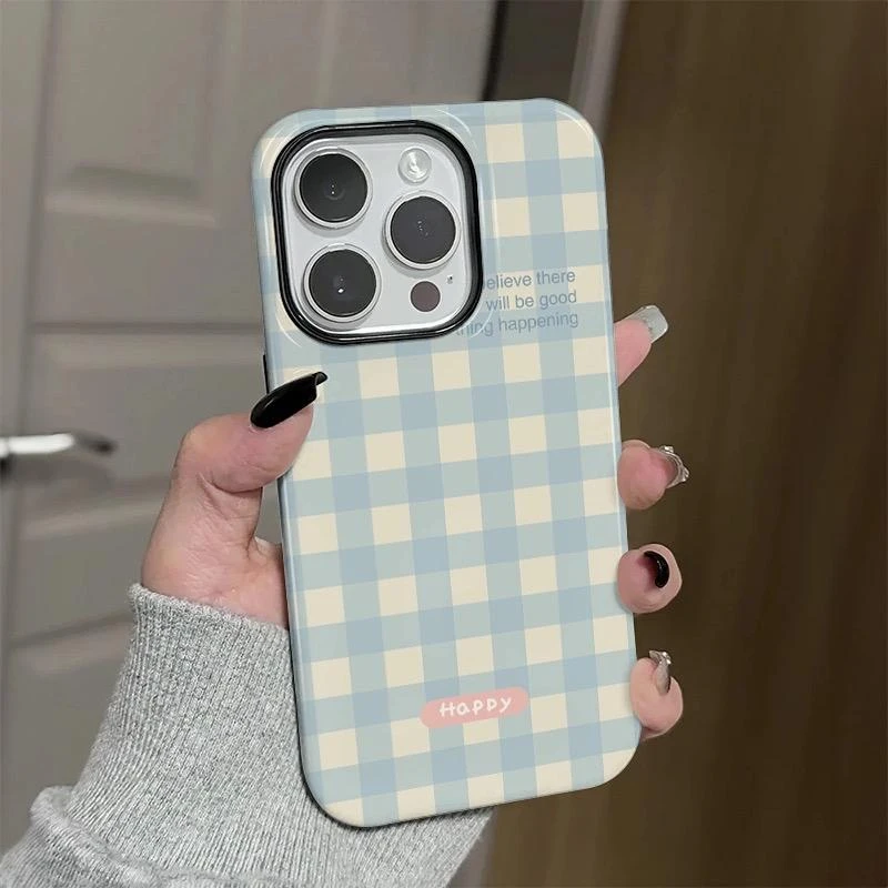 简约蓝白格子适用iPhone1615菲林手机壳华为vivo小米oppo防摔保护