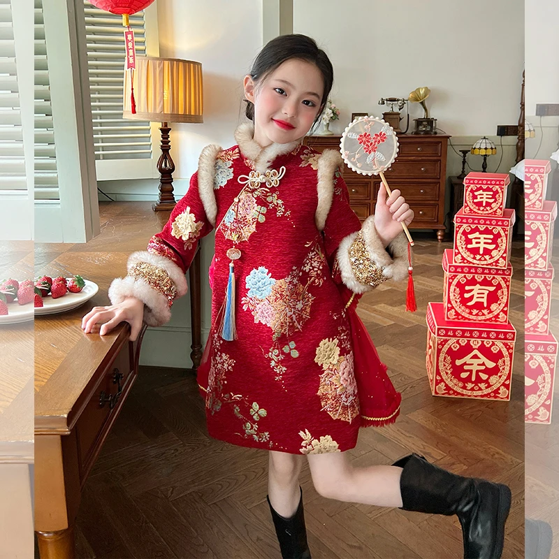 【清仓】童装女童红色国风旗袍裙儿童宝宝新年拜年服过年连衣裙