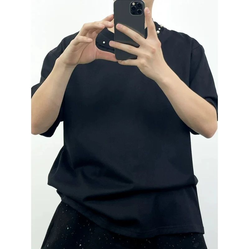 高级设计感双领口珍珠短袖T恤男夏季潮牌新款宽松情侣半袖上衣ins