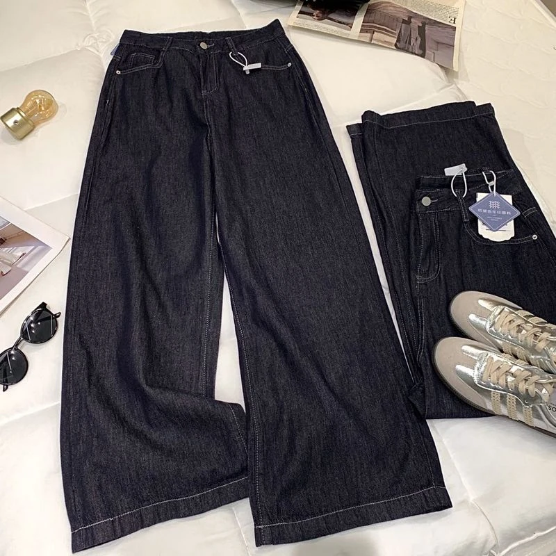 H19阔腿牛仔裤女2025春新款宽松慵懒风高腰垂坠感拖地牛仔裤显瘦