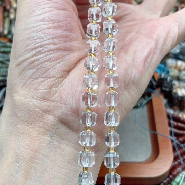 玛瑙/玉髓合金珠宝半成品一条7mm白水晶切面方糖