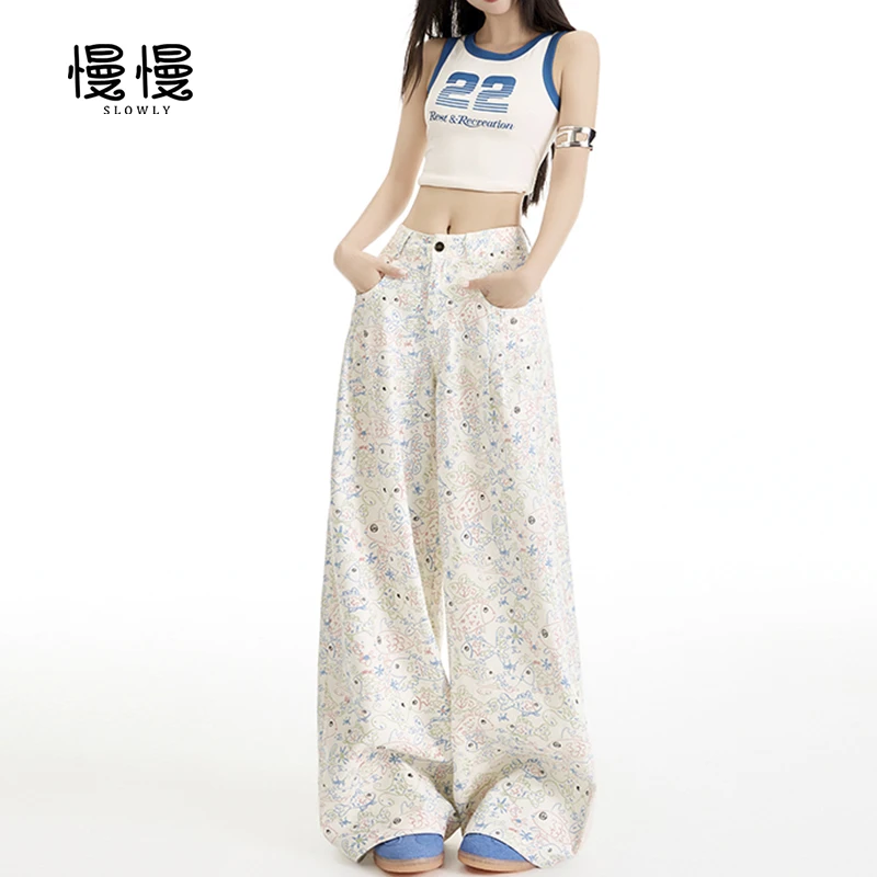 2025春夏日系白色印花涂鸦牛仔裤女高个子加长高腰显瘦直筒拖地裤