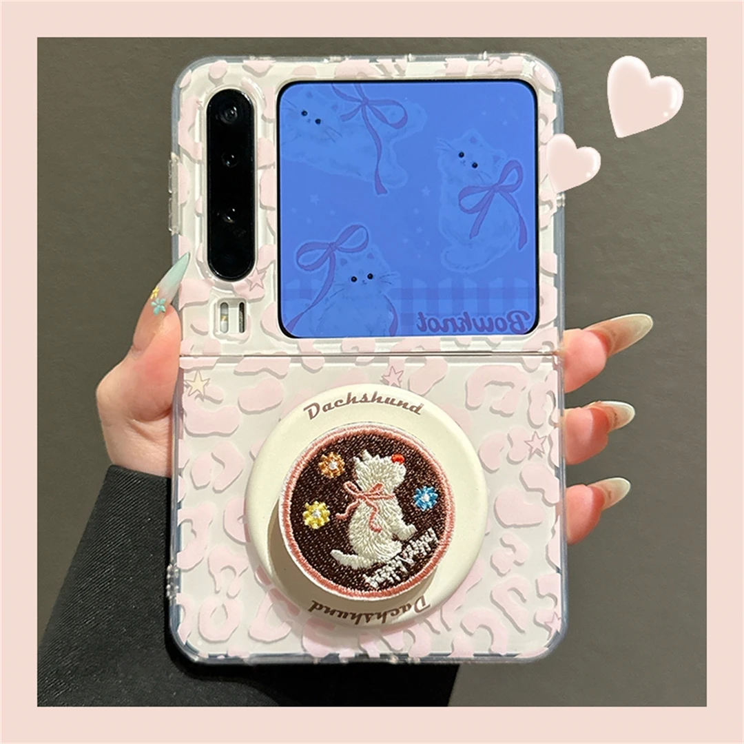 适用于华为purax典藏版折叠屏手机壳透粉粉色豹纹刺绣小猫磁吸壳