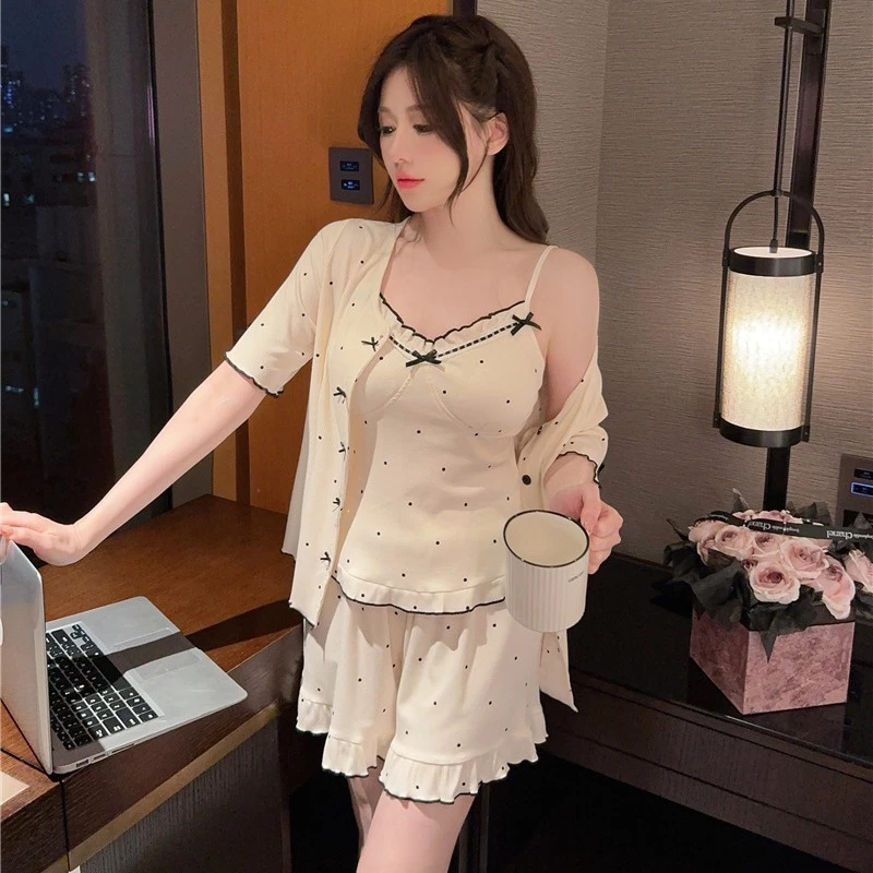 福虞睡衣女夏季莫代尔棉舒适可外穿短袖短裤吊带三件套加胸棉家居