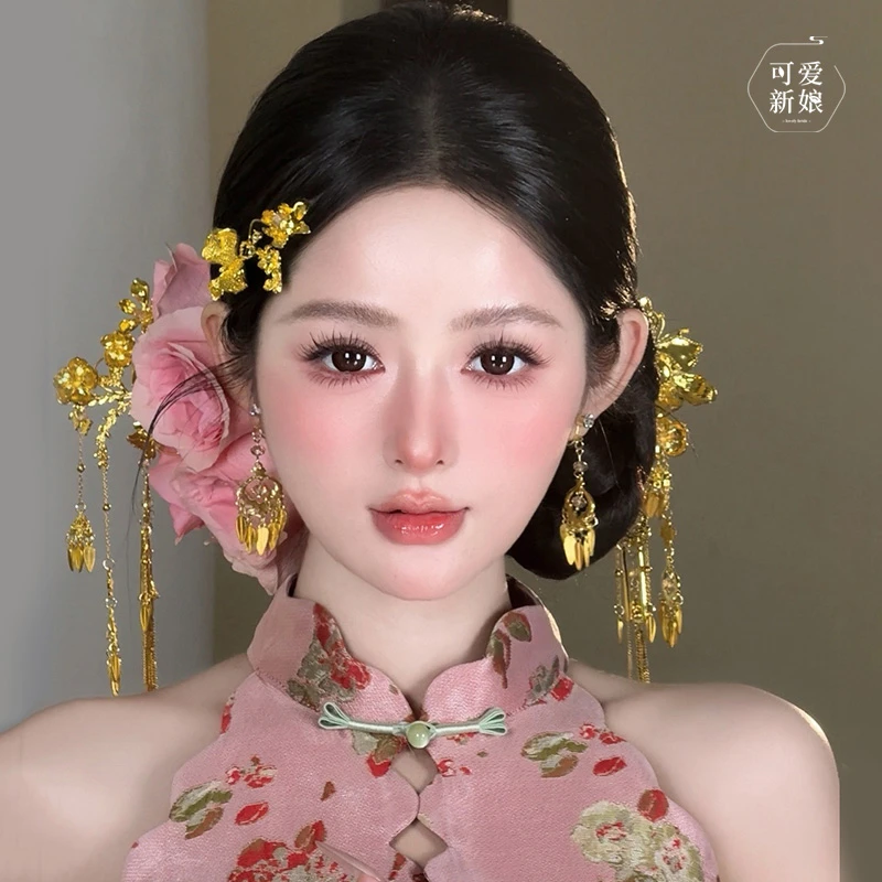 龙凤褂新娘头饰高级感金色简约大气花朵发梳新中式古典头饰HZ1232