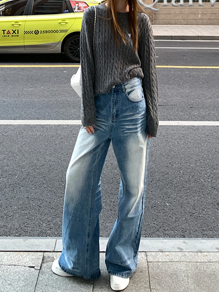 美式复古闪电折痕牛仔裤女2025新款秋季高腰显瘦直筒拖地阔腿裤子