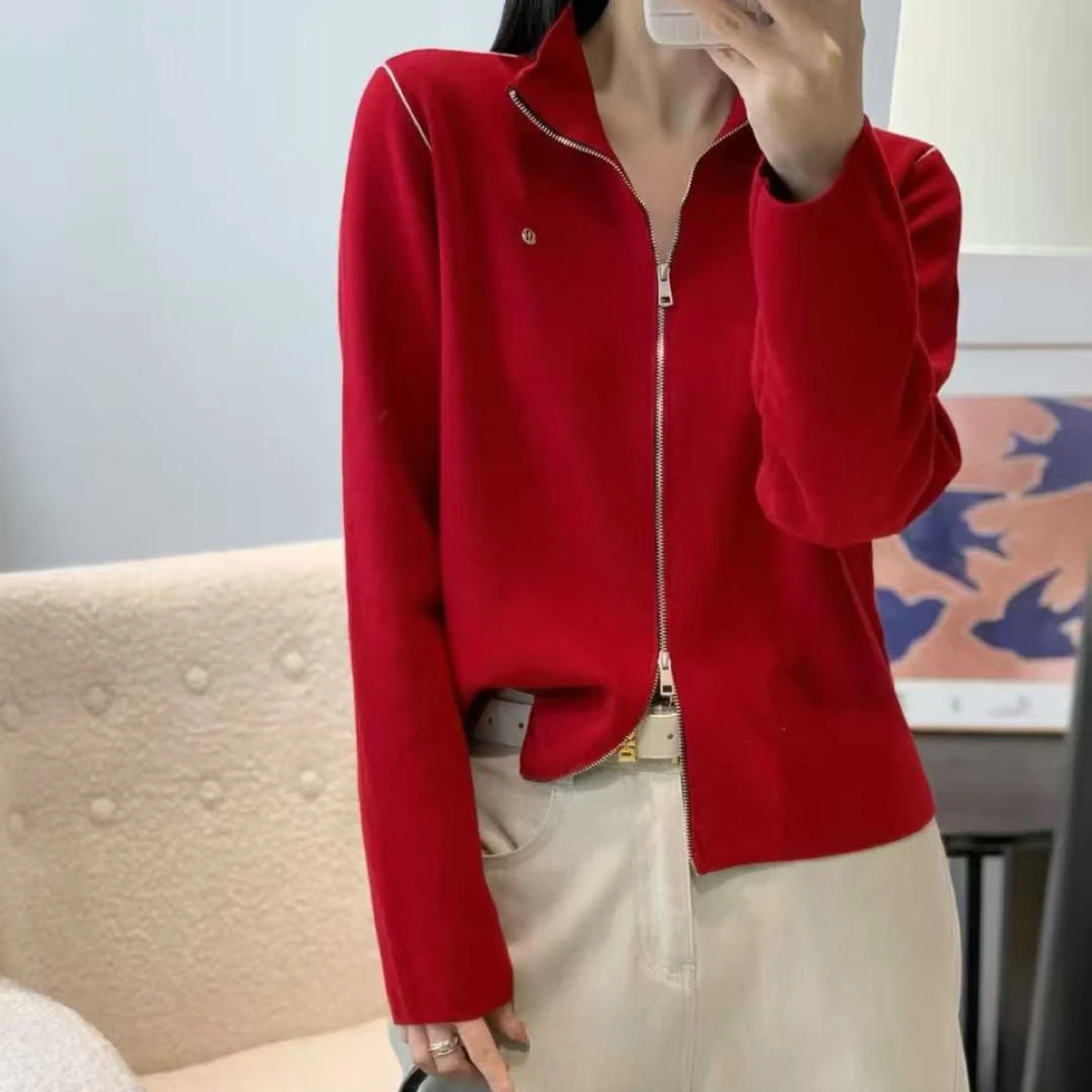 气质百搭定位对条美利奴开衫拉链正肩羊毛衫