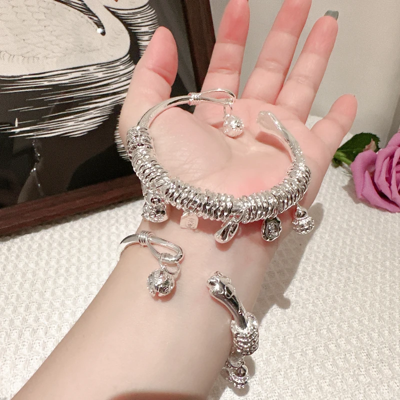 银9999吉言盘缠手镯宫铃开口猫爪镯子高级感气质百搭