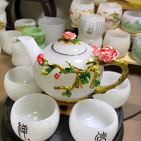 羊脂玉瓷琉璃中式珐琅彩牡丹花一壶六杯礼盒套装