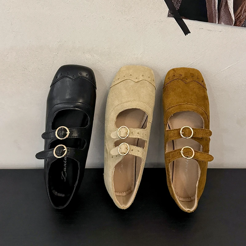 2025新款复古百搭一字带平底玛丽珍鞋女绒面日系方头单鞋