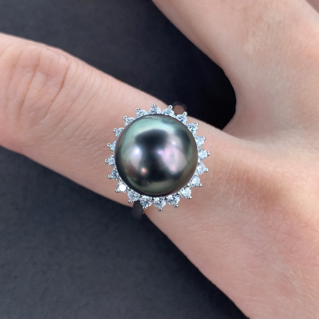 定制海水珍珠银S925镶嵌戒指/指环10.4mm炫彩大溪地一颗