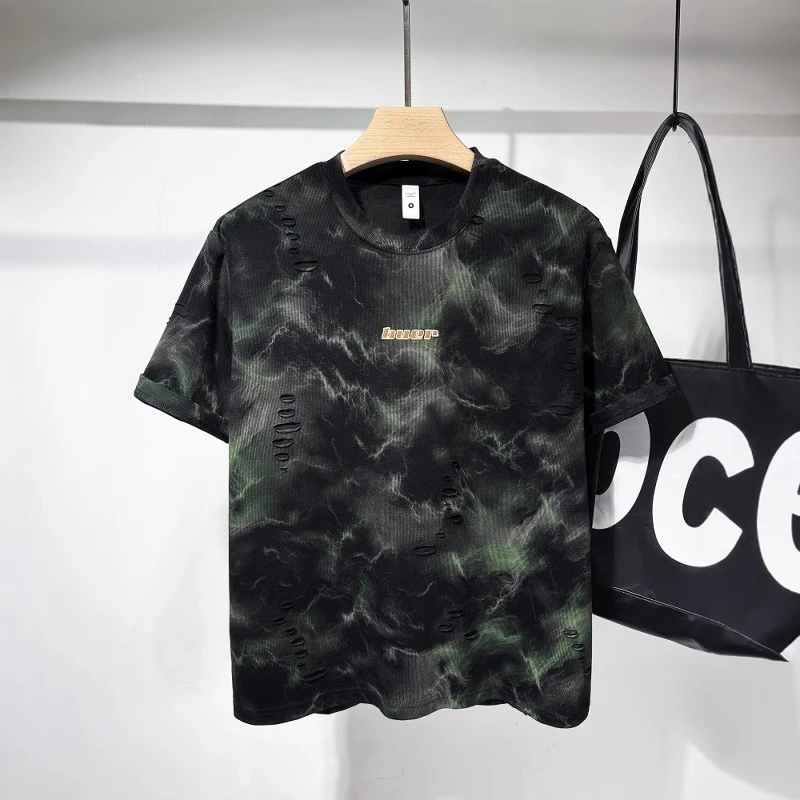 美式休闲复古假破洞短袖t恤男夏季2025新款潮牌宽松半袖体恤薄款