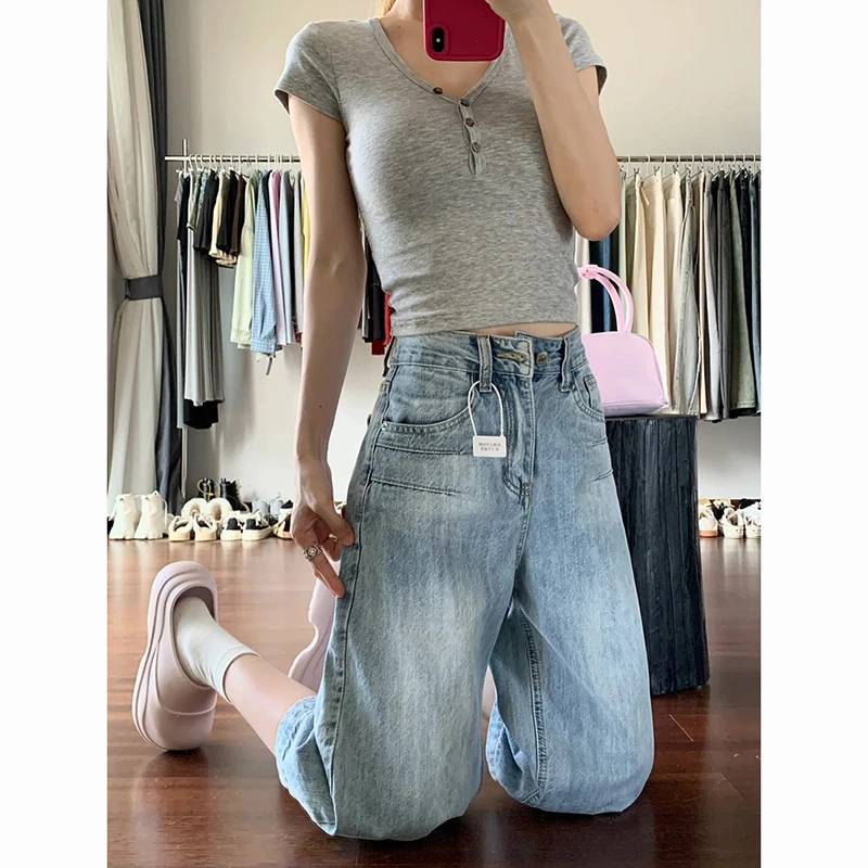 浅蓝色七分牛仔裤女2025夏季新款设计感休闲百搭宽松显瘦阔腿中裤