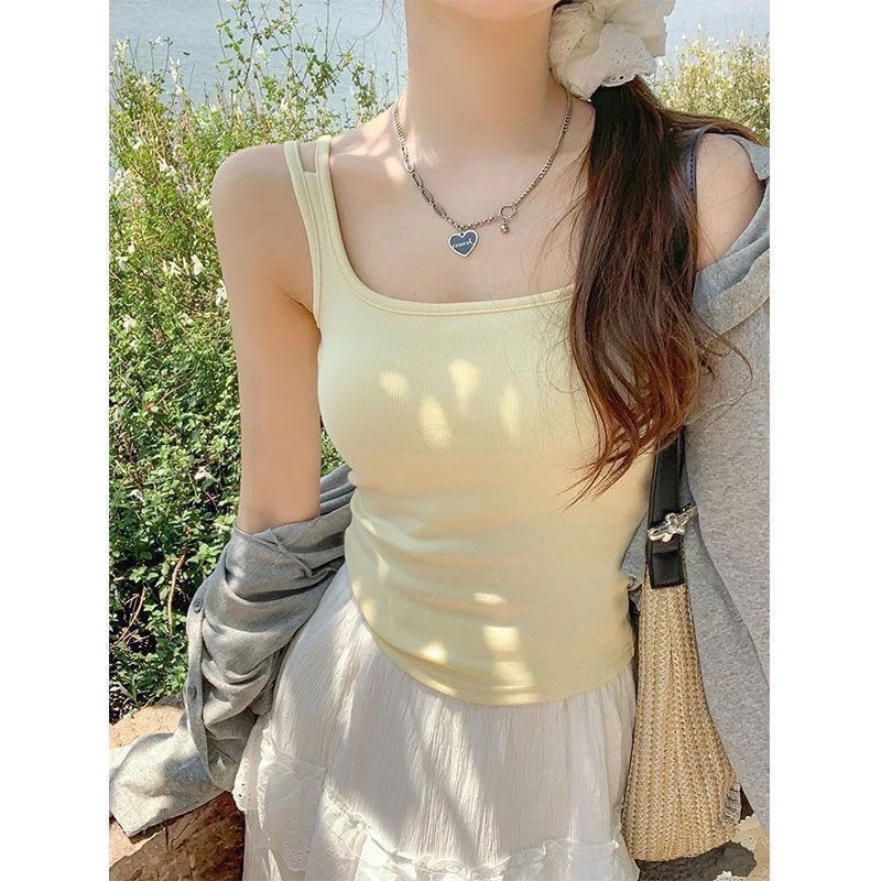 爆款红色双肩吊带辣妹无袖新款修身打底背心上衣内搭外穿带胸垫一