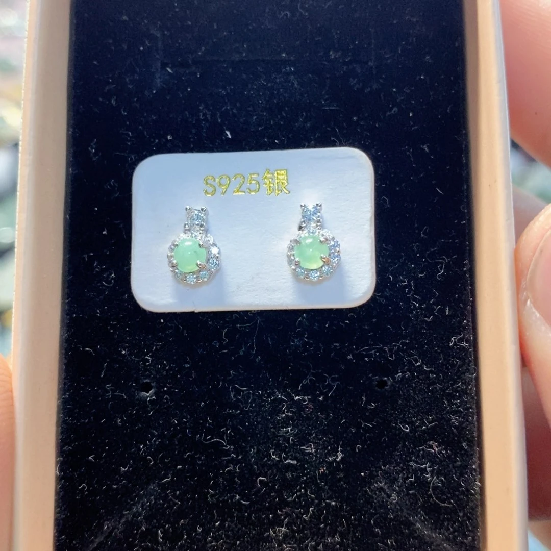 翡翠银S925镶嵌耳饰缅甸翡翠A货耳钉