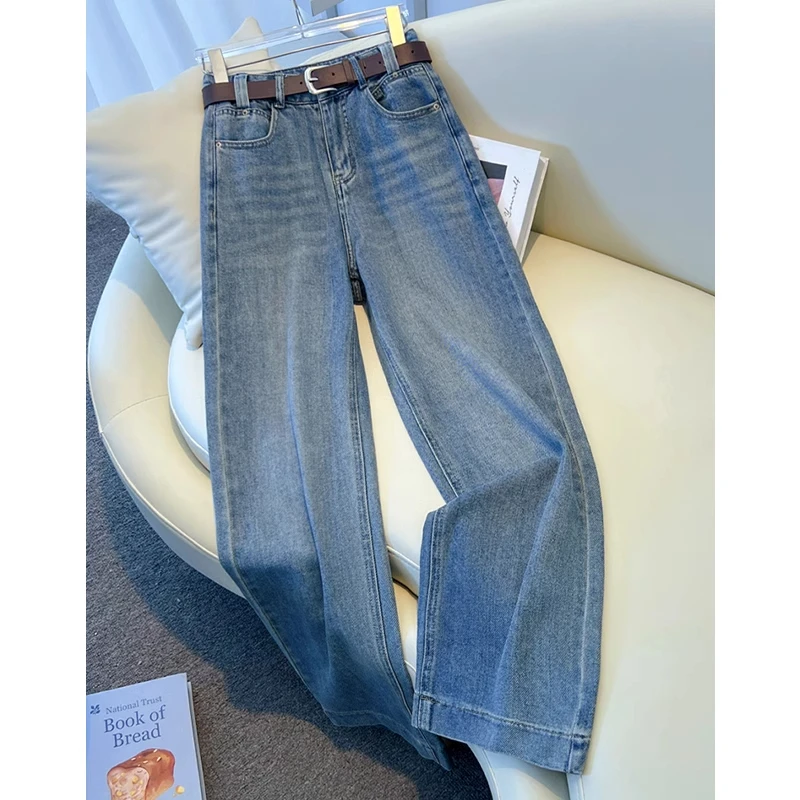 拉夏贝尔窄版阔腿牛仔裤女2025新款春秋垂感复古小个子显瘦直筒裤