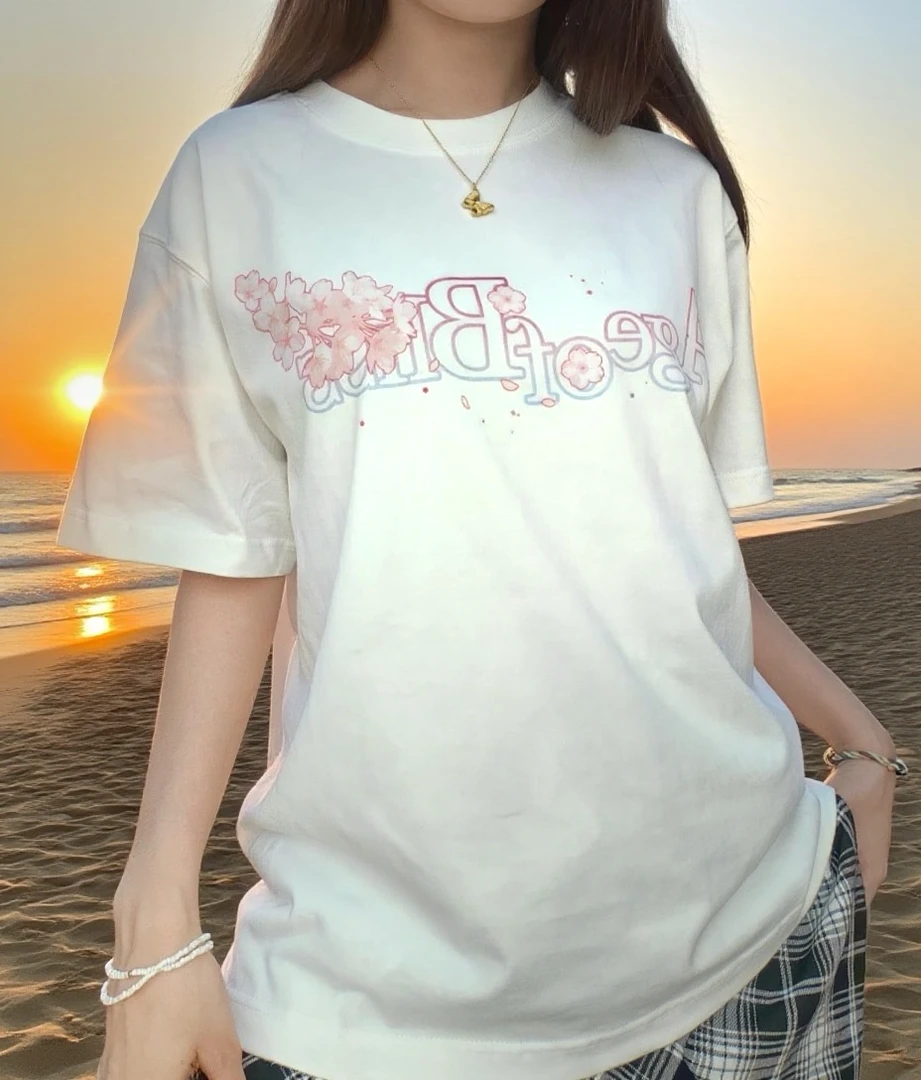 AOB乐时代夏季原创樱花字母印花t恤白色纯棉上衣潮牌短袖透气日常