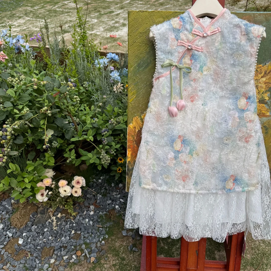 【糯米】女孩夏季蕾丝国风印花连衣裙25x200