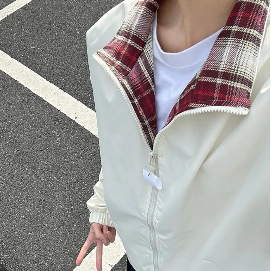 fitcheck格子拼接夹克男春秋复古设计感无帽上衣美式翻领情侣外套
