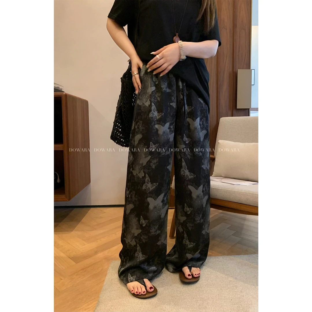 现货大婉酱微胖定制【福气相蝶】设计感裤子夏季高腰显瘦长裤 8348D