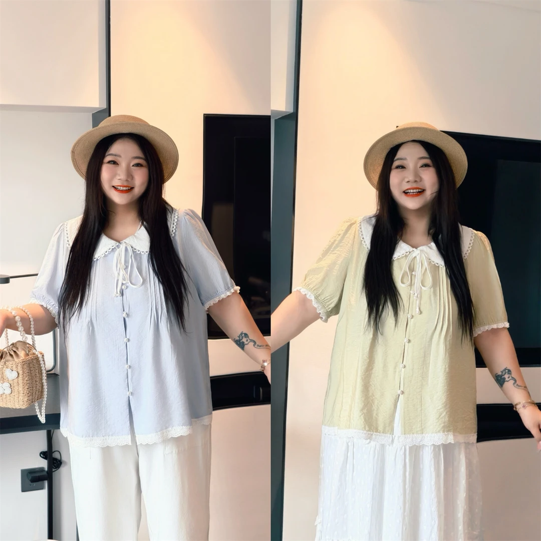 冰岛余温 /韩系小清新娃娃领衬衫15258花契大码200斤胖mm气质百搭