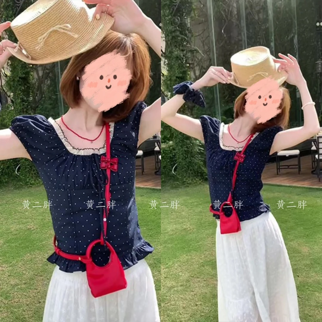 法式甜辣花边波点泡泡袖上衣女2025年夏季新款小衫裤子两件套