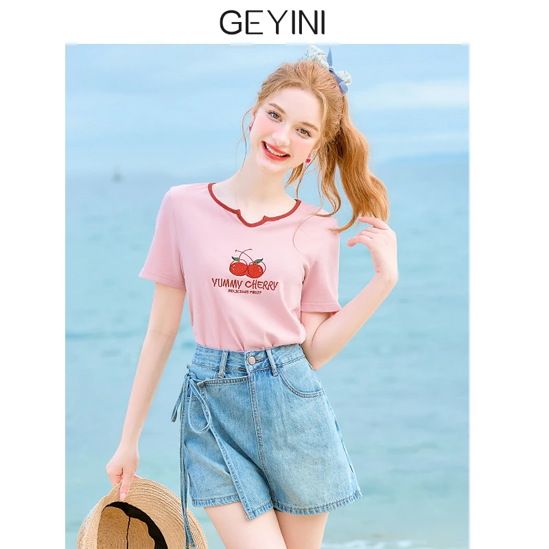 歌依妮夏季新款女甜美正肩小个子莱赛尔粉色洋气休闲短袖t恤上衣