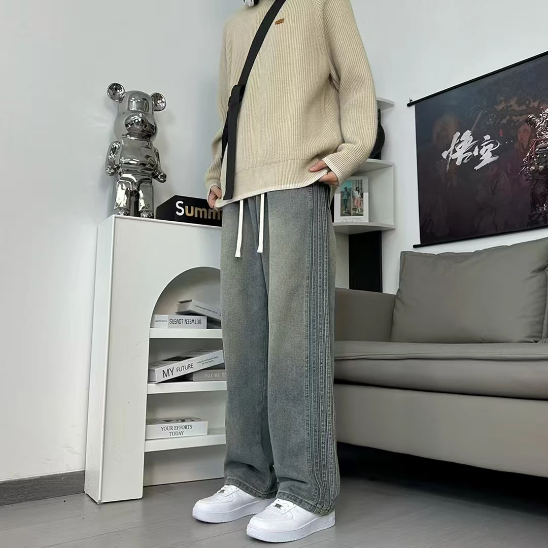 个性三纹长裤2025新款宽松直筒百搭穿搭休闲牛仔裤男直筒裤男