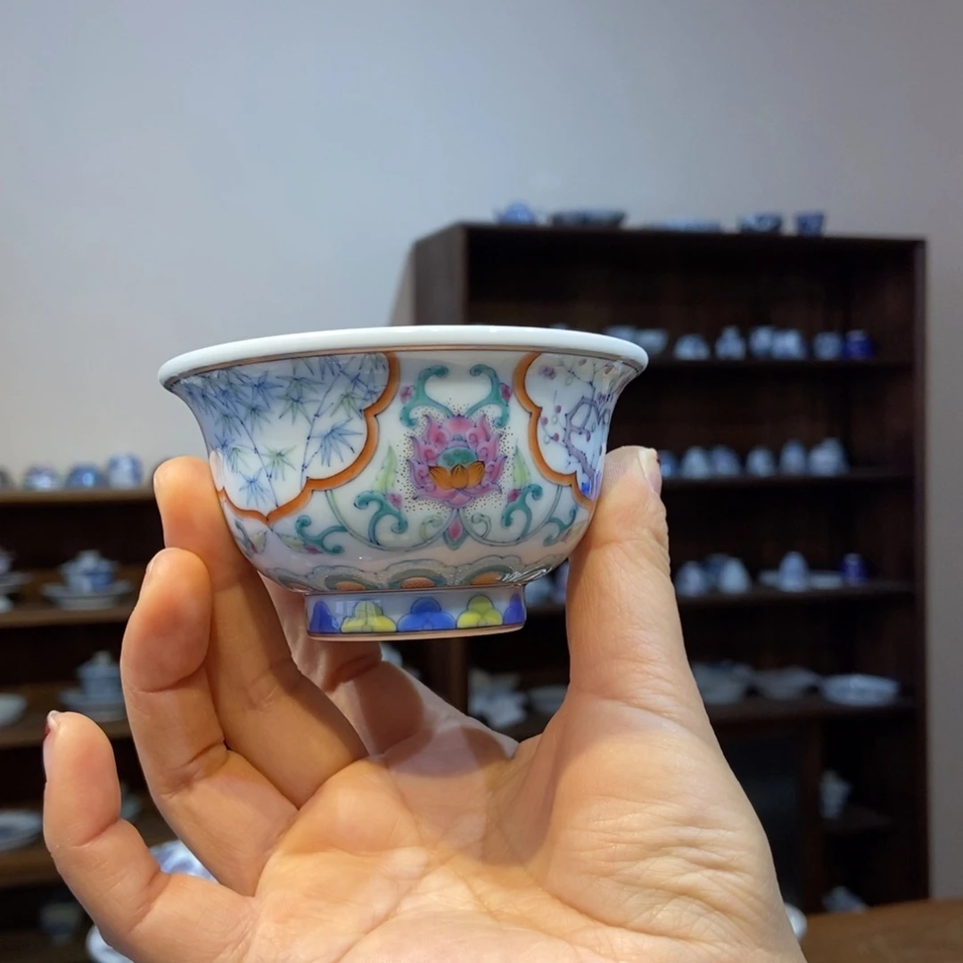 杯w冉月观隐斗彩松竹梅压手杯