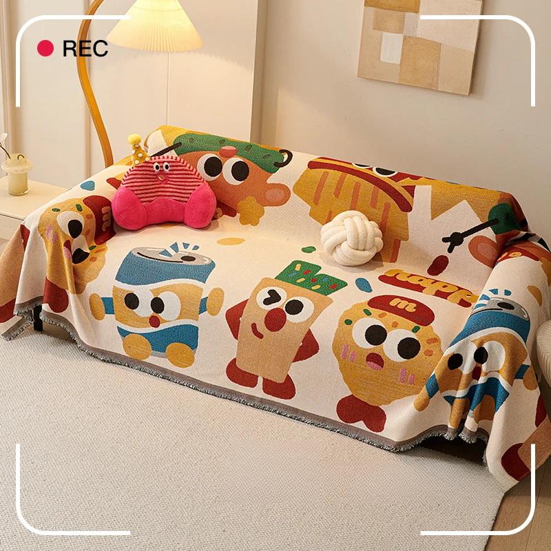 可爱沙发套卡通零食小人沙发盖布秋冬防猫抓沙发巾四季通用沙发垫