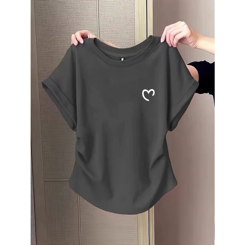小飞袖褶皱正肩短袖t恤女夏季2025新款设计感收腰显瘦圆领上衣潮