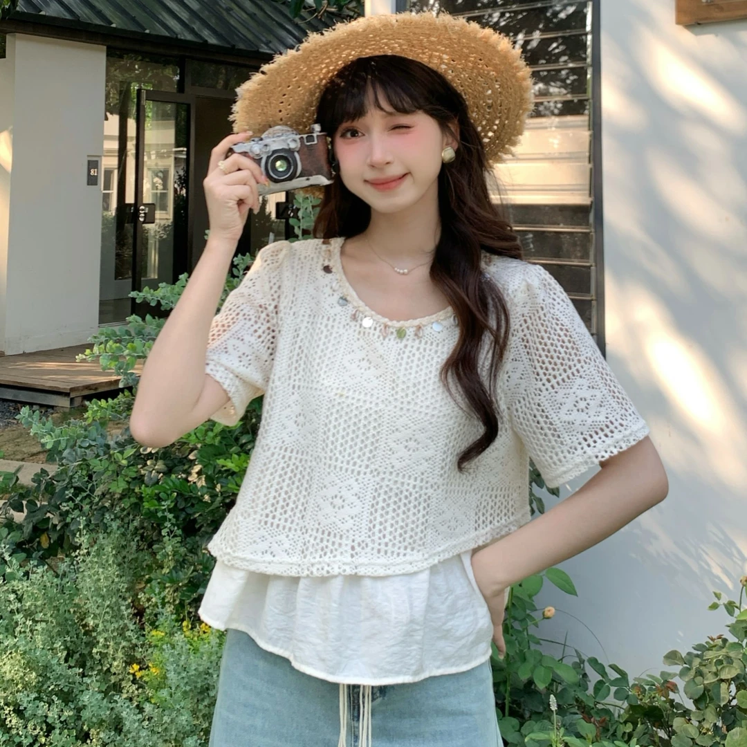 慕兔法式温柔甜美针织不规则拼接上衣2025夏季新款百搭设计感短袖