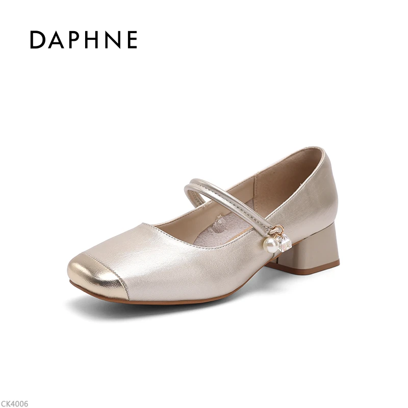 达芙妮粗跟玛丽珍女鞋2025新款秋季方头法式珍珠一字带浅口单鞋女