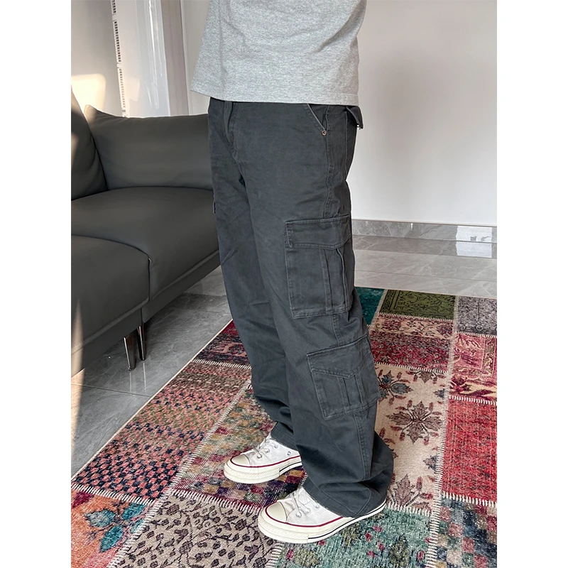 JCW 春季多口袋水洗做旧工装裤直筒微阔腿休闲长裤简约纯色工装裤