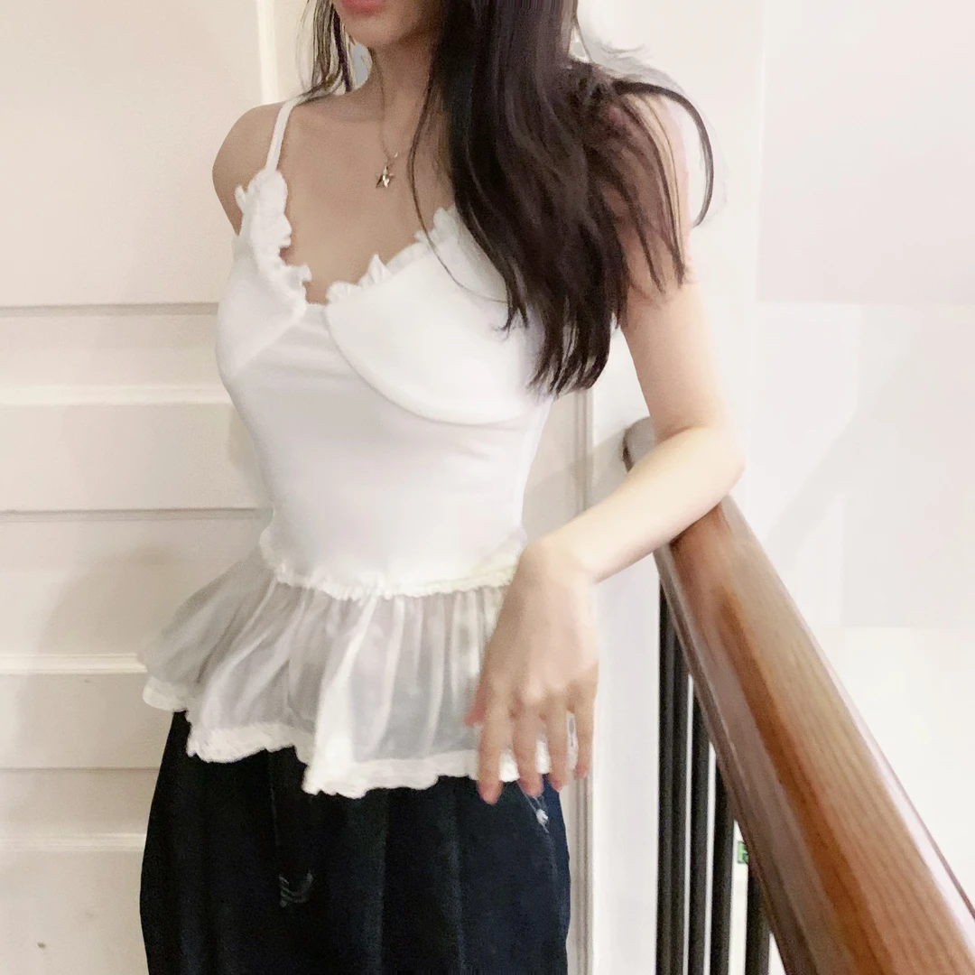 2025春季新款甜美木耳边拼接裙摆背心打底V领女无袖吊带上衣89633